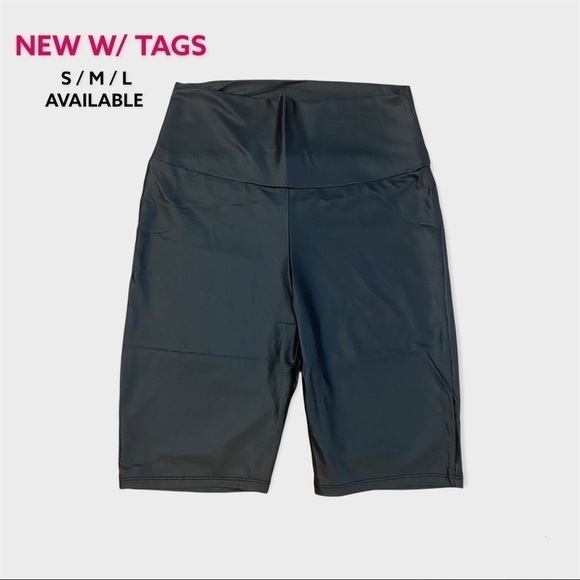 NWT 🏷 FAUX LEATHER High-Waisted Black Biker Shorts Mid Thigh - Picture 3 of 11